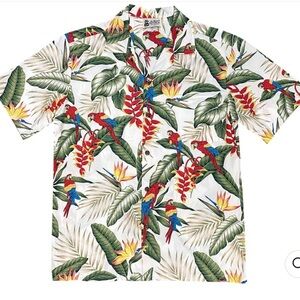 ALOHA REPUBLIC JUNGLE MACAWS WHITE HAWAIIAN SHIRT